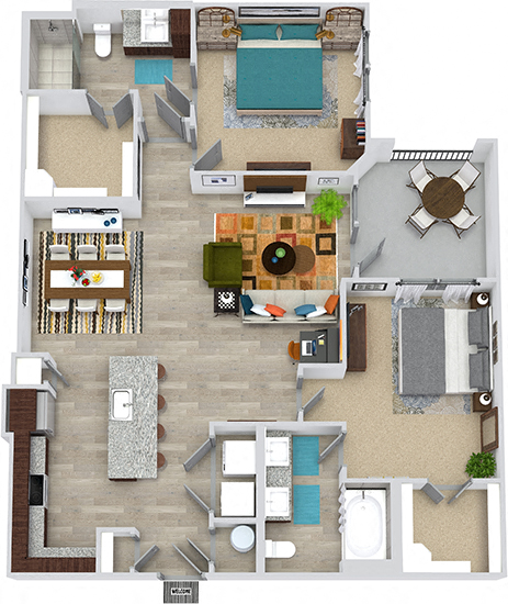 Floor plan for 2 beds, 2 baths, 1183 sqft